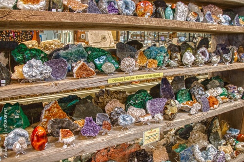 Variety of fossils and minerals for sale at a store