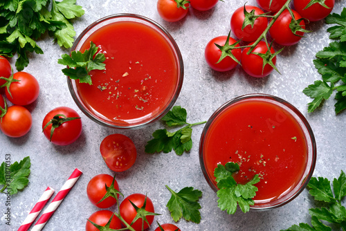 Fresh tomato juice. Top view with copy space.
