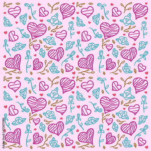 Valentine's day background with decorative hearts, hand drawn line with digital color, vector illustration
