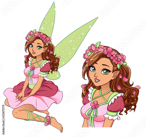 Pretty cartoon fairy with curly brown hair and tanned skin wearing flower wreath and cute pink dress. Hand drawn vector illustration isolated on white.