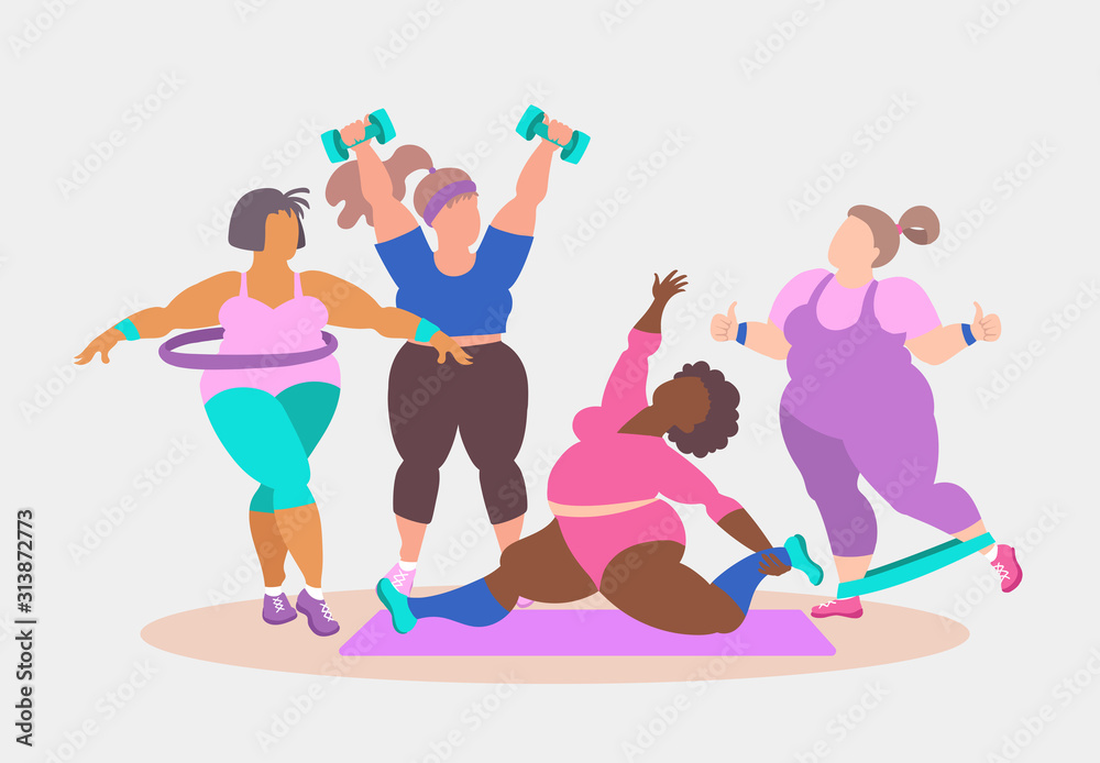 Vector colorful poster with fitness training group of women in sportswear.  Female cartoon characters. Isolated flat design. Illustration on the theme  of sport, healthy lifestyle. Gym workout drawing Stock Vector | Adobe