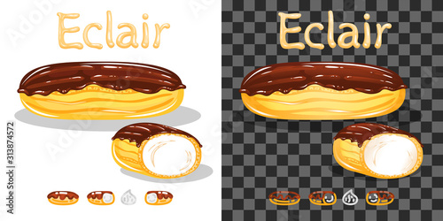 Eclairs with vanilla cream, text and logo