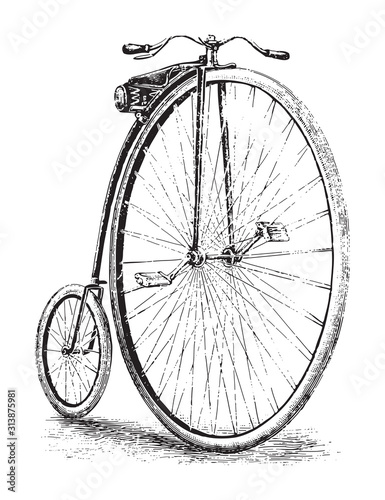 Old high wheel bicycle / vintage illustration from Brockhaus Konversations-Lexikon 1908 photo