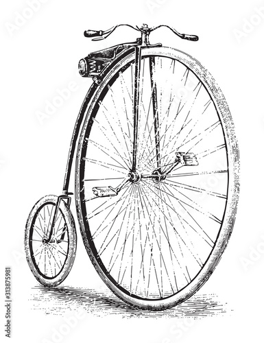 Old high wheel bicycle / vintage illustration from Brockhaus Konversations-Lexikon 1908