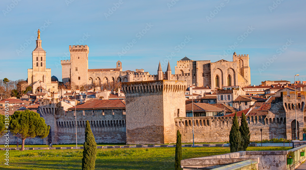 Pont Saint Benezet bridge on the Rhone River  and  Palace of the Popes ( Palais des Papes) and Avignon Cathedral - Avignon city, France