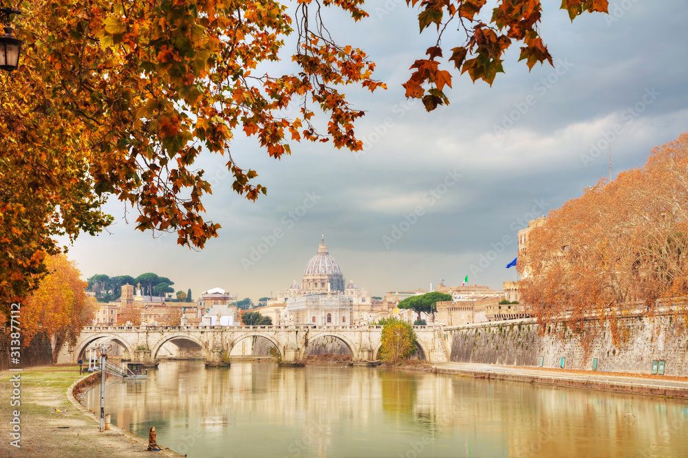 Rome overview with the Papal Basilica of St. Peter in the Vatican city