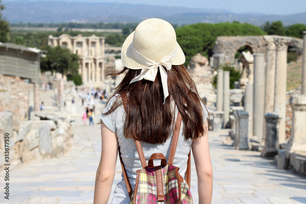 Turkey, a happy tourist woman from the ancient city of Ephesus