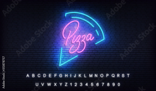 Pizza neon. Glowing lettering sign for Pizza cafe restaurant