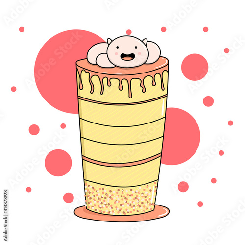 Huge cake is a fun children's illustration with funny characters. Lots of layers and cream on a bright pink background for confectioners and holiday cards