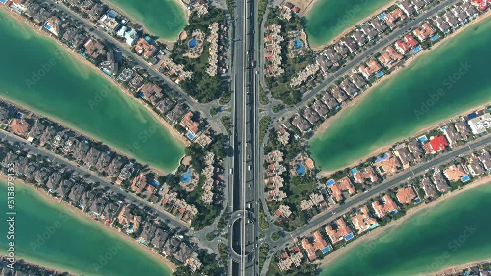 Aerial view of the famous Palm Jumeirah artificial archipelago in Dubai, UAE