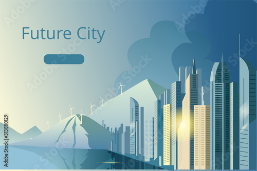 City of the future skyscrapers at dawn. City on the background of mountains withwind generators. Vector horizontal illustration.