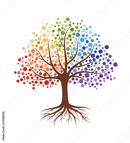 Abstract tree with roots and colorful round leaves. Isolated on white background. Flat style, vector illustration.