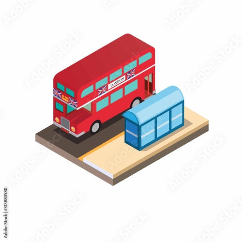 Double decker red bus with halte, iconic bus from london england in isometric illustration editable vector