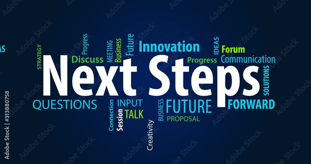 Next Steps Animated Word  Cloud on a Blue Background
