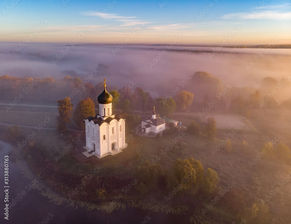 Church of the Intercession of the Holy Virgin on the Nerl River in autumn, Russia. Air view