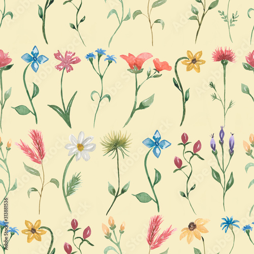 Watercolor  wildflower floral pattern design  delicate flower background with field flowers  meadow wildflowers on yellow .
