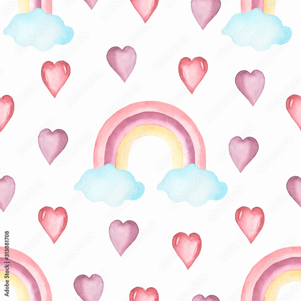 Watercolor nursery  pattern with hand painted rainbows . Kids seamless background illustration in trendy children style.Girl unicorn magic rainbow , stars. Fairytale pony pattern.