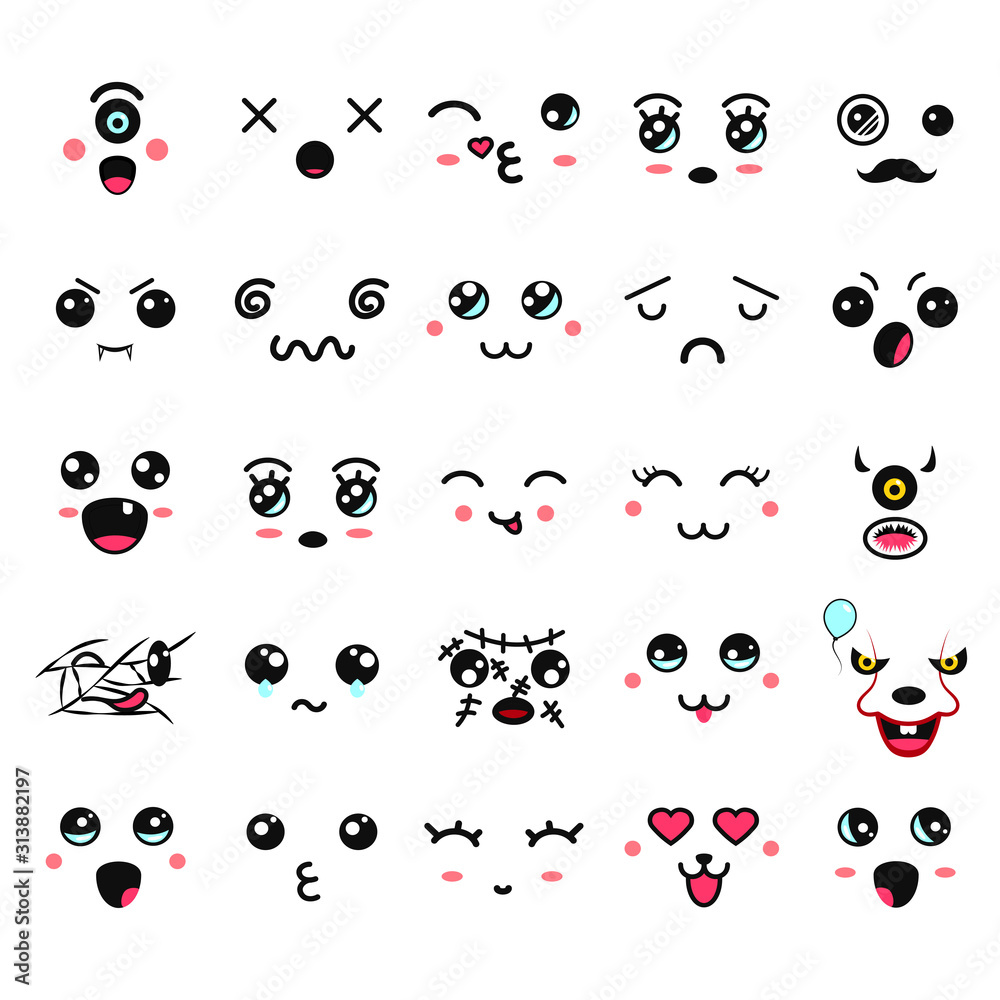 Obraz Śliczne twarze Kawaii. Oczy i usta w stylu manga. Śmieszne kreskówka japoński emotikon w różnych wyrażeniach. Wyrażenie postać z anime i emotikon twarz ilustracja. Tło, Tapeta.