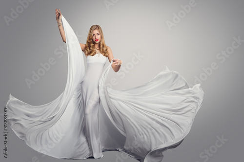 Woman Dancing Long White Silk Dress, Fashion Model in Fluttering Waving Gown, Full Length Beauty Portrait