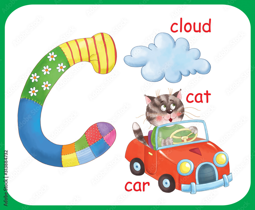 English alphabet. ABC. Capital letter C. Car, cloud, cat. Coloring book.  Coloring page. Illustration for children. Cute cartoon characters isolated  on white background. Card. Poster Stock Illustration | Adobe Stock
