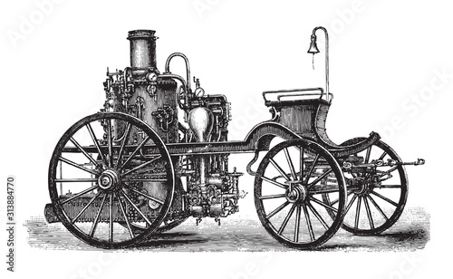 old fire brigade car - fire truck / vintage illustration from Brockhaus Konversations-Lexikon 1908