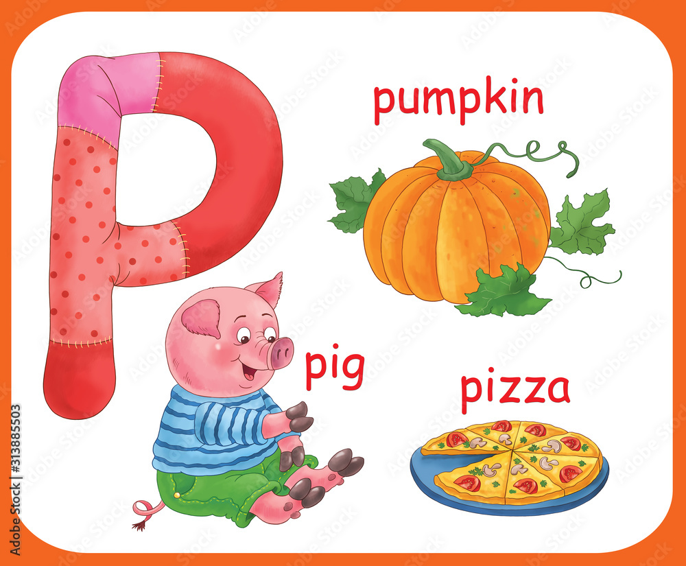 English alphabet. ABC. Capital letter P. Pig, pizza, pumpkin ...