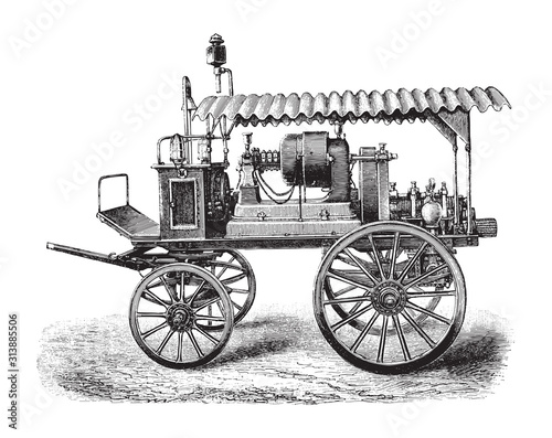 old fire brigade car - electric fire truck / vintage illustration from Brockhaus Konversations-Lexikon 1908
