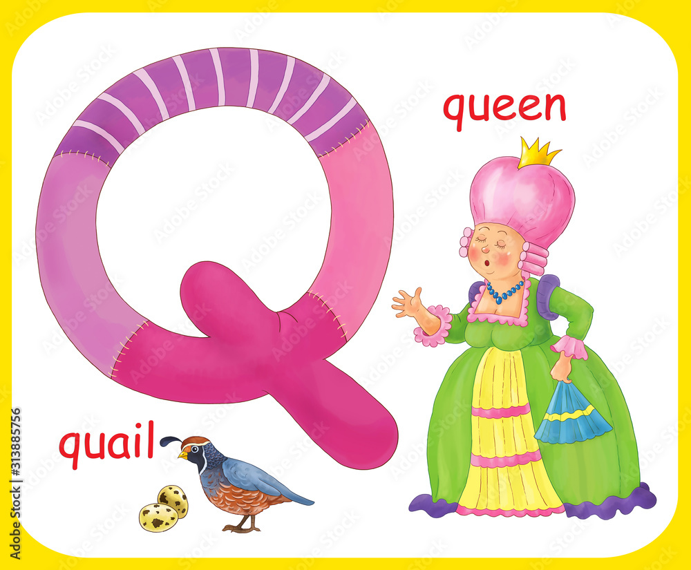 English alphabet. ABC. Capital letter Q. Queen, quail. Coloring book