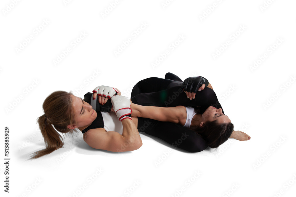 MMA female fighters isolated on white background. MMA female fighters isolated on white background.
