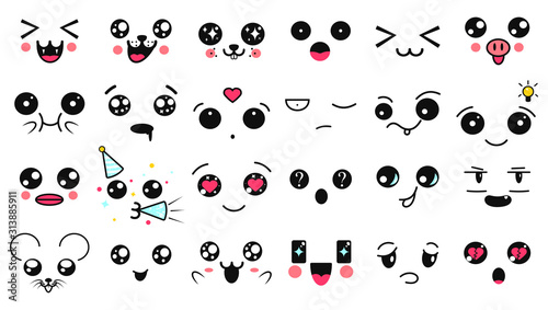 Kawaii cute faces. Manga style eyes and mouths. Funny cartoon japanese emoticon in in different expressions. Expression anime character and emoticon face illustration. Background, Wallpaper.