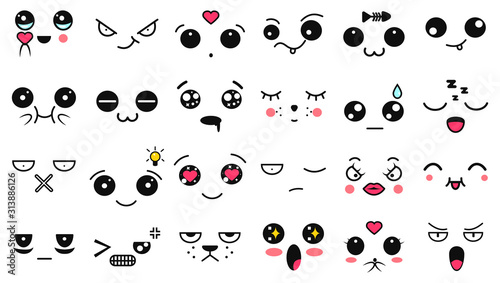 Fototapeta Naklejka Na Ścianę i Meble -  Kawaii cute faces. Manga style eyes and mouths. Funny cartoon japanese emoticon in in different expressions. Expression anime character and emoticon face illustration. Background, Wallpaper.