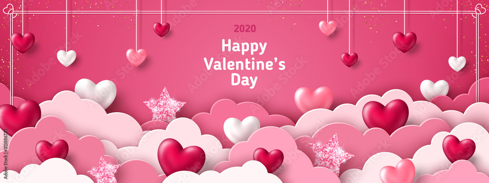Happy Saint Valentine's day card, horizontal banner with paper cut clouds and holiday objects on pink background. Glittering hearts, stars and flowers. Place for text - obrazy, fototapety, plakaty 