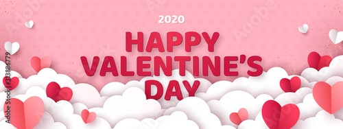 Valentine's day concept background. Vector illustration. 3d red and pink paper cut hearts with white clouds. Cute love sale banner or greeting card