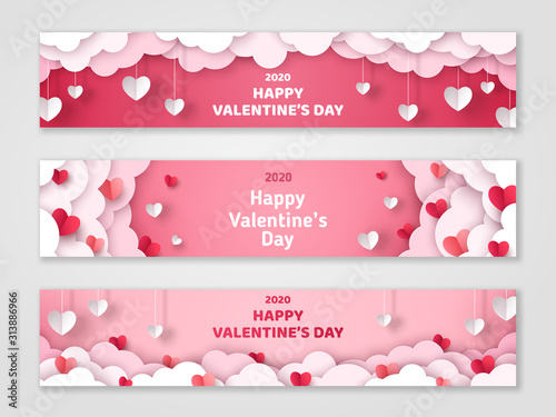 Happy Valentine's Day horizontal banners set with paper cut clouds and hearts. Vector illustration. Holiday bright greeting cards, love creative concept, gift voucher, invitation. Place for text.