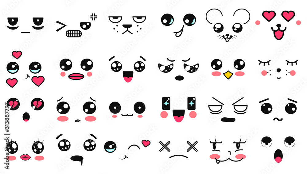 Kawaii cute faces. Manga style eyes and mouths. Funny cartoon japanese emoticon in in different expressions. Expression anime character and emoticon face illustration. Background, Wallpaper. Kawaii cute faces. Manga style eyes and mouths. Funny cartoon japanese emoticon in in different expressions. Expression anime character and emoticon face illustration. Background, Wallpaper.