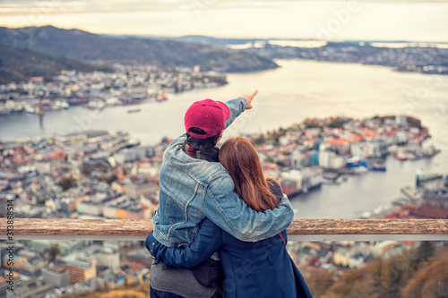 Couple of love is enjoying travel in Bergen, Norway