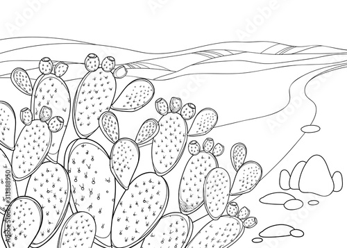 Bush of outline Indian fig Opuntia or prickly pear cactus, fruits and spiny stem in black isolated on white background with desert landscape.