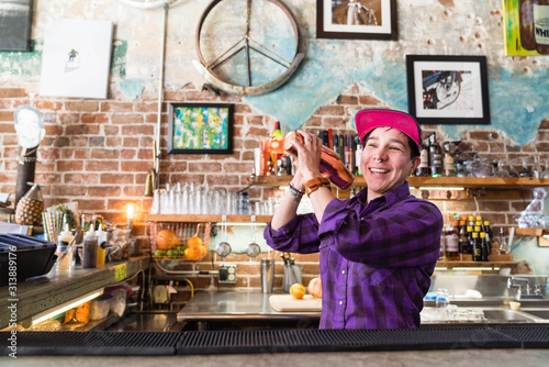 Bartender, Taco Chavez, at Wood's High Mountain Distellery in Salida, Colorado.