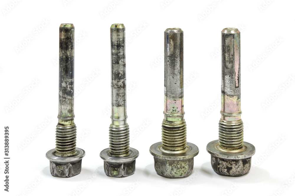 Old front brake caliper guide pin on white background, isolated, Car service. Old front brake caliper guide pin on white background, isolated, Car service.