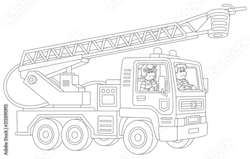 Fire-engine carrying firefighters and equipment for fighting large fires, black and white vector cartoon illustration for a coloring book page