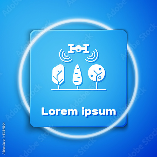 White Smart farm with drone control and tree icon isolated on blue background. Innovation technology for agricultural company. Blue square button. Vector Illustration