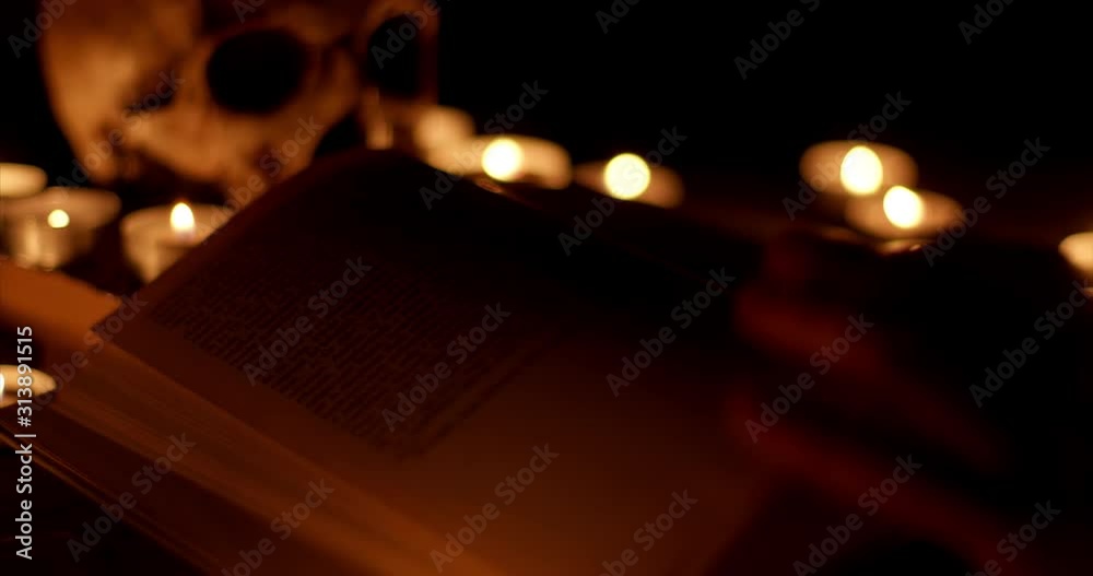 Altar with magical grimoire closeup footage