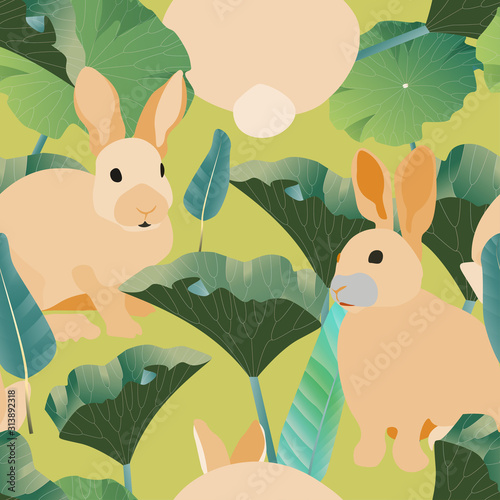 Three fluffy orange rabbits surround large green leaves on a light-green background. Seamless vector illustration. Picture with forest and domestic animals. Pet in cabbage garden
