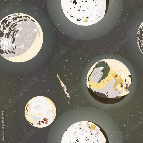 Space planets, stars and interstellar rocket vector illustration. Universe sphere imitation watercolor. Сosmos.
