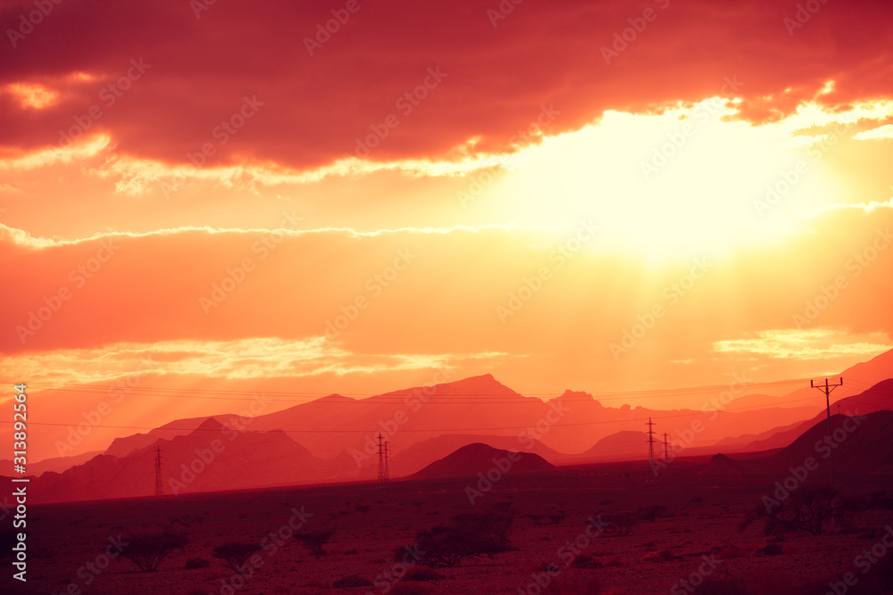 Mountain nature landscape. Desert in the early morning. Beautiful sunrise in the mountains. Negev Desert