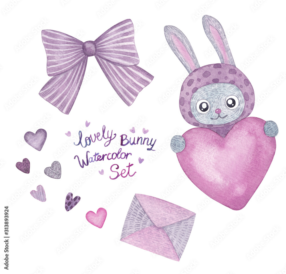 Hearts and Bow and Lovely Bunny Watercolor Set. Gray, Pink, Violet, Blue Colors. Hand Drawn. Good for Design, Valentine's Day, Baby Shower, Cards, Invatation, Party and Other.