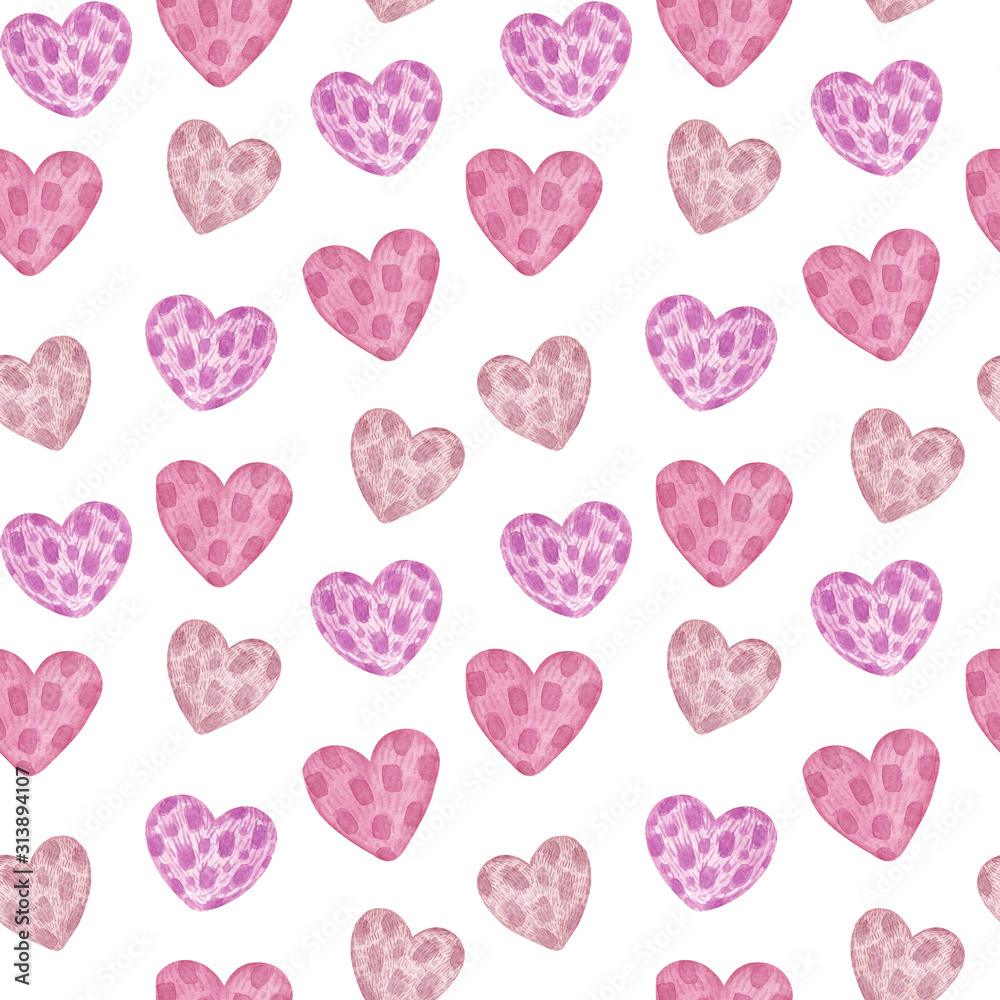 Watercolor Hand Drawn Cute Pink Hearts Isolated on White Background Seamless Pattern