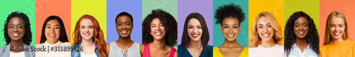Valokuva Collage of young international women smiling over colorful backgrounds