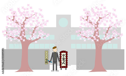 桜の木と学校の正門と男子生徒