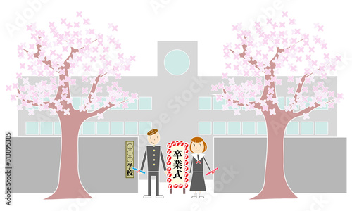 桜の木と学校の正門と男女の生徒